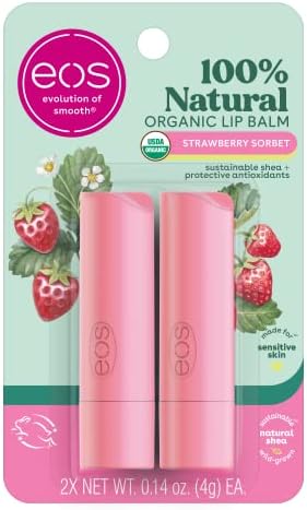 eos 100% Natural & Organic Lip Balm- Strawberry Sorbet, Dermatologist Recommended for Sensitive Skin, All-Day Moisture, 0.14 oz, 2 Pack