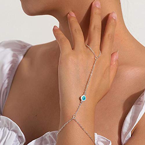 Chicque Bohemian Hand Chain Evil Eye Finger Ring Hand Bracelet Hand Jewelry for Women and Girls (Silver)