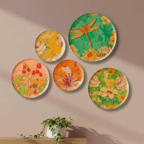 RITUALISTIC Pastel Blooms Metal Wall Plates | Soothing Floral Wall Decor for Living Room, Bedroom & Hall | Wall Art & Showpiece | Gift for Family & Friends | Set of 5 Assorted Sizes