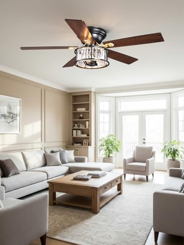 Image of 52 Inch Flush Mount Chandelier Ceiling Fan with Lights Rustic Ceiling Fan Low Profile Farmhouse Fandelier Chandelier Light for Bedroom Living Room, 3 E26 Bulbs (1)