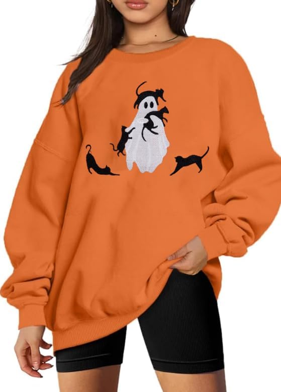 Halloween Spooky Season Sweatshirt Women: Oversized Black Cat Ghost Sweatshirts Fall Embroidered Pullover Top