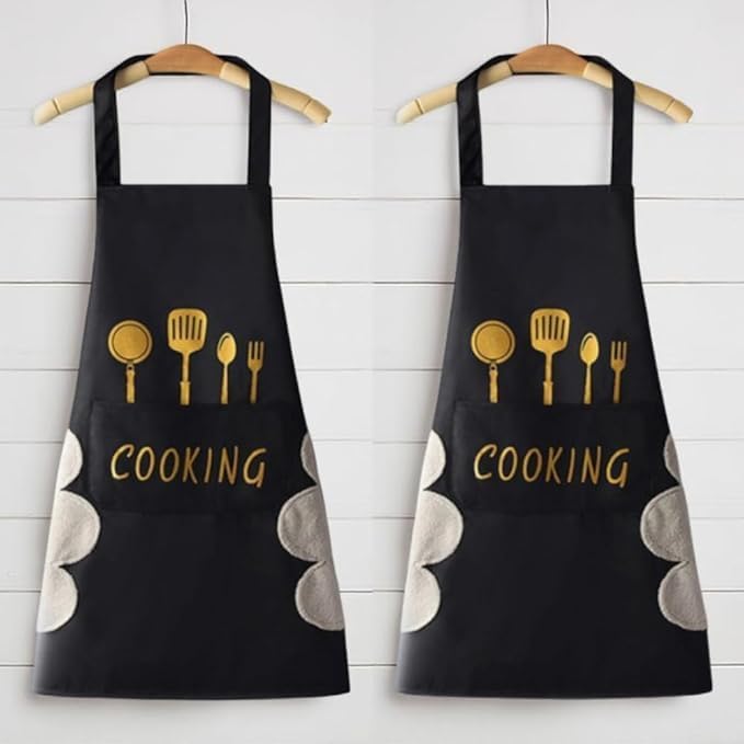 Finalize 2Pcs Waterproof Kitchen Apron with Pocket & Side Hand-Wiping Towel – Adjustable Cooking Aprons for Women & Men for Home, Baking, Cleaning-Free Size, Random Color