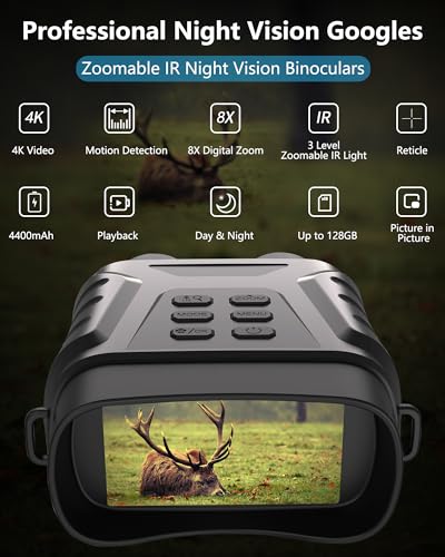 4K Infrared Night Vision Binoculars with 8X Digital Zoom, Adjustable IR Light, Viewing up to 650FT in Total Darkness, 32GB Card - Ideal Gift for Men, Hunting, Camping, Surveillance