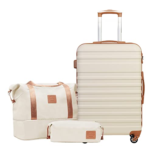 COOLIFE Suitcase Set 3 PCS - 24" Hard Shell Lightweight ABS Luggage + Travel Bag & Toiletry Bag, Medium Suitcase with TSA Lock, 360° Wheels for Travel, Airline & Cruise, Business Trip Beige/