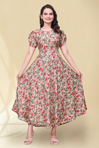 Image of Women's A-Line Crepe Maxi Dress | Stylish Fit and Flare Dress with Round Neck Short Puff Sleeves for Casual Wear