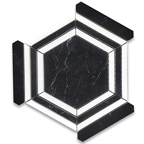 Stone Center Online Nero Marquina Black Marble 5 Inch Hexagon Georama Geometric Mosaic Tile W/Thassos White Strips Polished Kitchen Bath Wall Floor Backsplash Shower (1 Sheet) #TOP22
