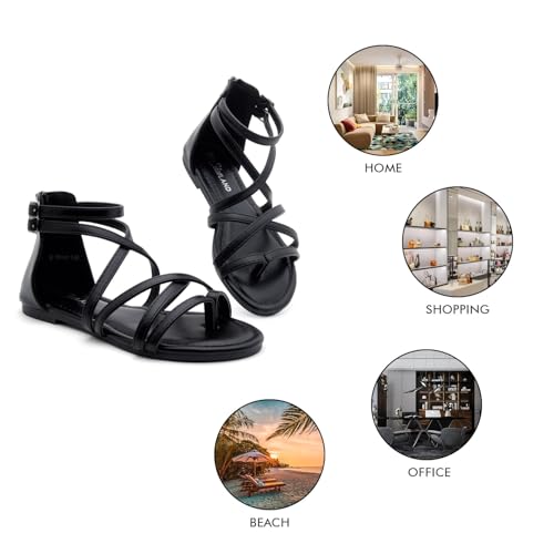 Shoe Land Gladiator Sandals for Women – Strappy Flat Sandals with Ankle Strap & Back Zipper | Fisherman Thong Strappy Style for Walking, & Daily Wear | Trendy 2025 Summer2