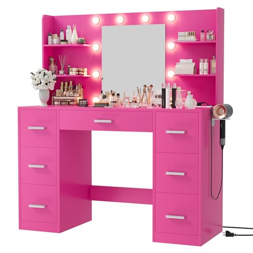 Image of Furmax Vanity Desk with Mirror, LED Lights and Power Outlet Makeup Vanity Table with 7 Drawers and 6 Storage Shelves Dressing Table for Bedroom Dressing Room (Rose Pink)