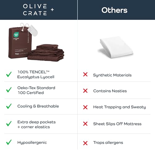 Image of Olive + Crate Tencel Lyocell Eucalyptus Queen Size Sheet Set - Cooling Tencel Sheets for Hot Sleepers with 18 Inch Deep Pocket Fit - Cacao 4-Piece Set