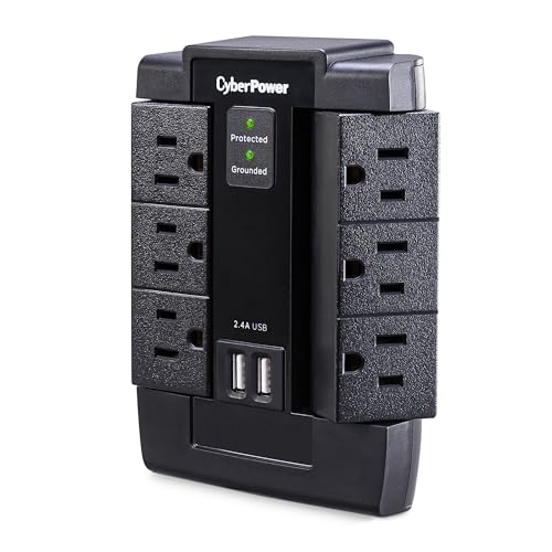 CyberPower CSP600WSU Surge Protector, 1200J/125V, 6 Swivel Outlets, 2 USB Charging Ports, Wall Tap Design, Black
