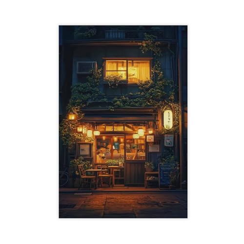 SWDXA Japanese Street Tokyo Night Cafe Lanterns & Cozy Interior Urban Home Canvas Poster Wall Art Prints Room Aesthetic Murals Bedroom And Living Decorations 12" L X 18" W