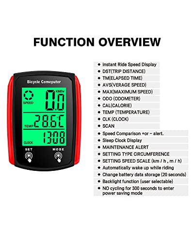 Ieohen Bicycle Speedometer Odometer, Wired Bike Computer Waterproof, 27 in 1 Functions, Electric Bike Control Panel Bicycle Accessories LCD Display with Backlight Auto Wake Up (Red)