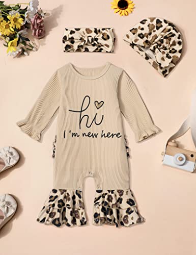 Agapeng 0-3 Months Baby Girl Clothes Hi I'm New Here Romper Ruffle Long Sleeve Baby Girl Onesies Boho Leopard Print Bell Bottom Jumpsuit With Hat Headband Baby Girl Outfit 0-3 Months Apricot #TOP7