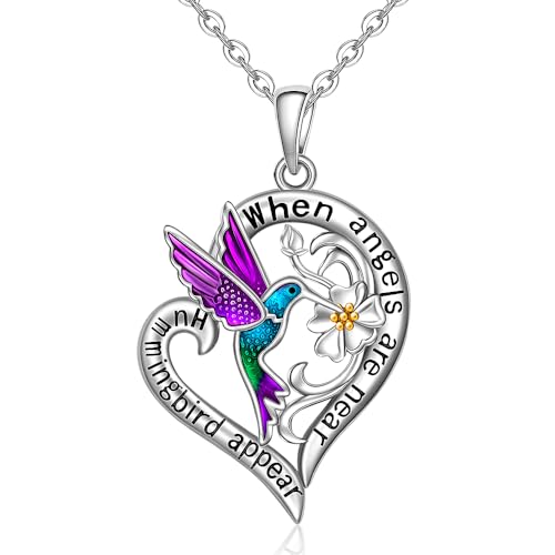 Hummingbird Necklace Hummingbird Necklaces for Women Sterling Silver 925 Flower Purple Blue Hummingbirds Heart Pendant Jewelry Memorial Mothers Day Christmas Gifts