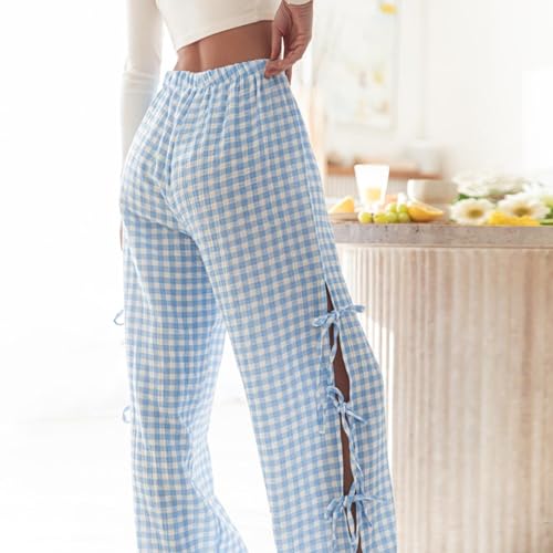 Women Y2k Striped Long Pants Bow Tie Side Slit Wide Leg Lounge Pants Gingham Bottom Plaid Checkered Sweatpants4
