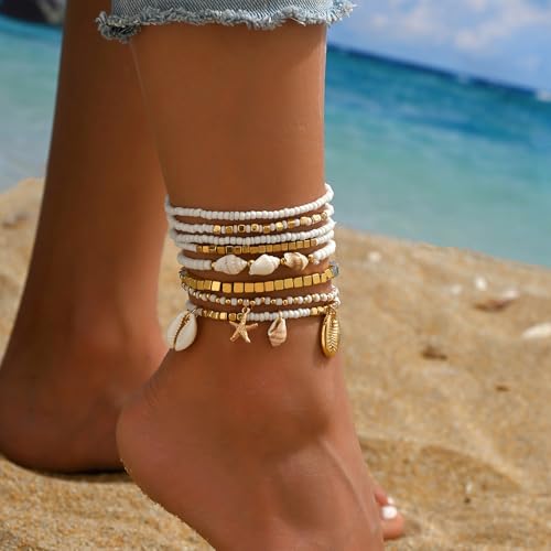 Image of Qceasiy Bead Ankle Bracelets Set For Women, Adjustable Gold Plated Boho Shell Anklet, Hawaiian Beach Seashell Pearl Disc Starfish Conch Foot Jewelry, Summer Fashion Gifts