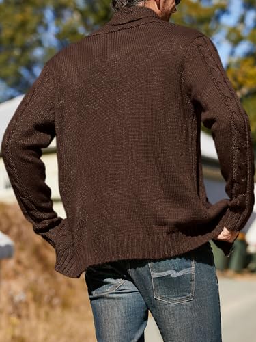 Makkrom Mens Cardigan Shawl Collar Sweater Button Up Slim Fit Cable Knit Long Sleeve Sweater Brown thumb #2