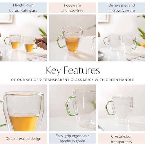 Image of Nestasia Double Wall Borosilicate Glass Mugs Set of 2 (250ml Each) - Microwave & Dishwasher Safe Transparent Glass Tea Cups with Green Handles | Food Safe & Durable Coffee Mugs - Ideal for Gifting
