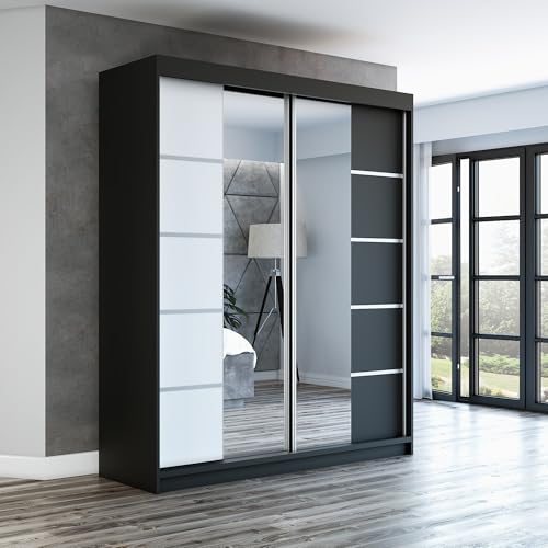 A&J MöbelLand Schwebetürenschrank ERA Kleiderschrank 2-türig mit Spiegel, Garderobe 180 cm (Schwarz/Weiß/Schwarz) A&J MöbelLand Schwebetürenschrank ERA Kleiderschrank 2-türig mit Spiegel, Garderobe 180 cm (Schwarz/Weiß/Schwarz)