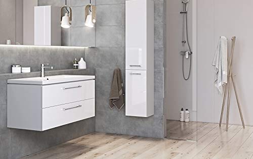 Modulo Slim Badkamermeubel Met Wastafel | 80 Cm Hoogglans Wit Vlak Front Mineraalmarmer 2 Lades Onder Elkaar Bmw37 00179