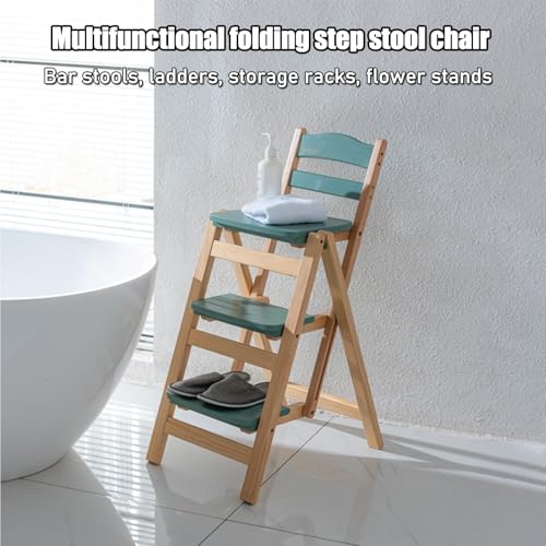 Tabouret de bar pliant haut en bois massif vert style rétro 3 marches - 4