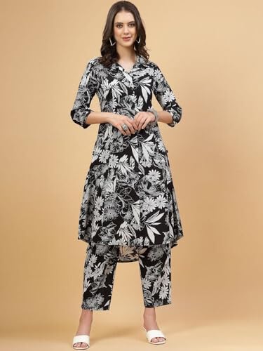 Image of Women's Cotton Kurta with Trousers Set, Floral Print, Regular Fit