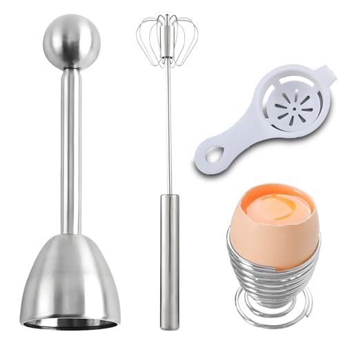 Egg tool set -Stainless steel egg opener topper cutter+Egg holder cup+Push down semi automatic whisk+Egg yolk Separators, Shell opener for raw and hard boiled eggs?for Kitchen cooking