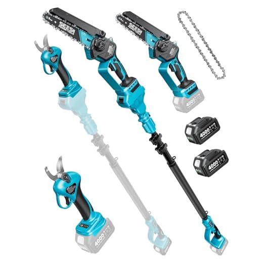 SEESII 6 Pollici Motosega a Batteria Telescopica & 33 mm Forbici Potatura a Batteria, 4-in-1 Kit Motosega e Forbici con 2 * 4000 mAh Batterie, Motosega Telescopica Portata Massima Fino a 4,57 m