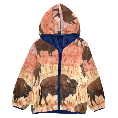 Buffalo Herd in Autumn Landscape Toddler Fleece Jacket Girl Boys Hooded Fleece Jacket Coat Warm Outwear Zip-up 3-10T