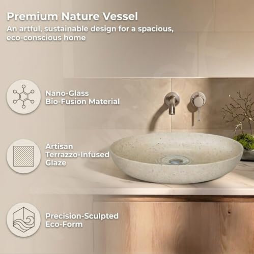 Image of BASSINO 20x16x6 Inches Ceramic Table Top Wash Basin /Designer Bathroom Sink /Luxury Countertop Vessel Basin /Oval Above Counter Basin /Wash Basin for Bathroom /Dining Hall /Vanity Sink(Matt Beige Terrazzo)