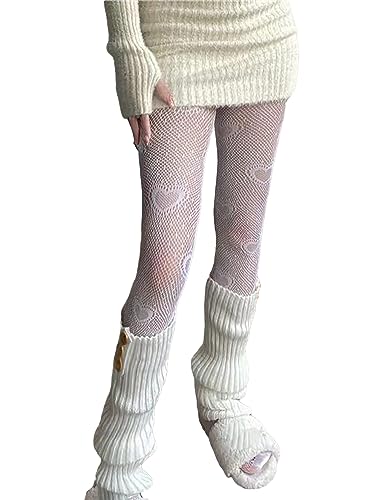 Image of GORGLITTER Women's Heart Pattern Fishnet Tights High Waist See Through Sheer Pantyhose White One Size