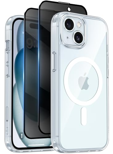 Qasyfanc Coque Magnétique pour iPhone 15 avec 2 Verre Trempé Anti-Espion, Compatible avec MagSafe, Étui Mat Translucide Arrière Housse Antichoc...