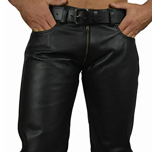 Men's Genuine Cowhide Leather Pants Double Zipped Trouser Jeans Interest BLUF Pants3
