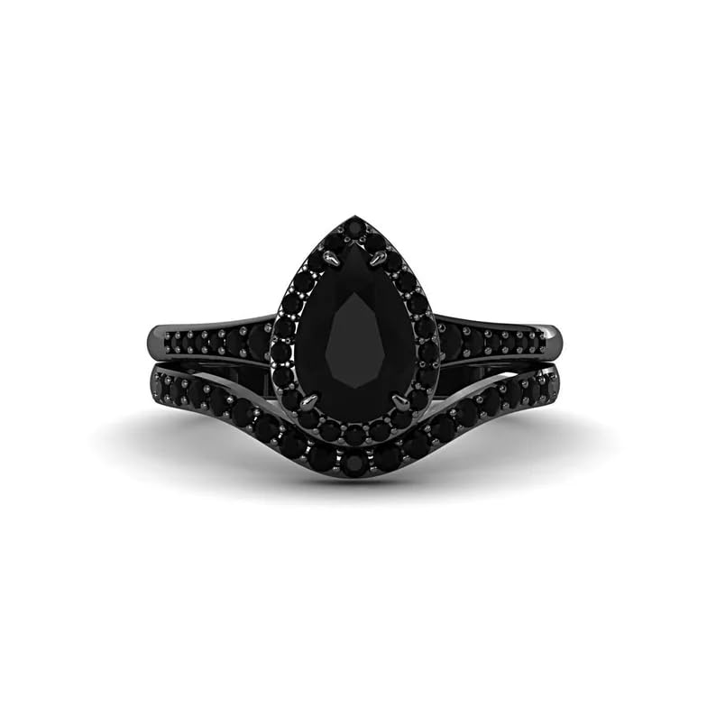 Genuine Black Onyx Bridal Ring Set for Women 10K/14K/18K Gold Black Gold Plated 1CT Black Onyx Ring Set Engagement Band Gift for Mother Her