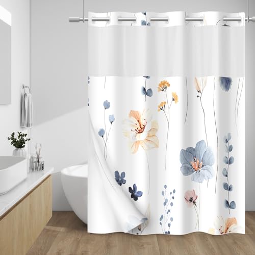 No Hook Shower Curtain with Snap in Liner – Watercolor Floral Shower Curtain – Fabric Waterproof Inner Liner, Plants Blue Beige Flowers White Cloth Shower Curtains Washable, 71 x 74 Inch