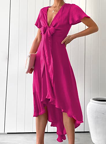 Image of miduo Womens Satin V Neck Ruffle Short Sleeve Tie Front High Waist Midi A-Line Maxi Dresses