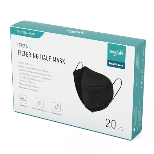 EUROPAPA 20x FFP2 Schwarz Maske Atemschutzmaske 5-Lagen Staubschutzmasken hygienisch einzelverpackt Stelle zertifiziert EN149:2001+A1:2009 Mundschutzmaske EU2016/425