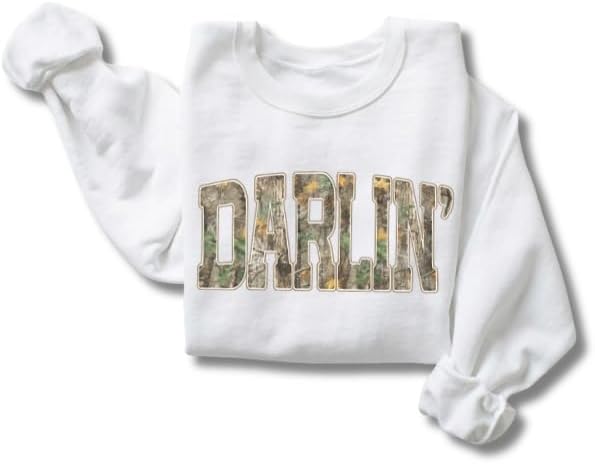 FITIN Unisex Darlin’ Camo Sweatshirt for Women – Western Country Graphic Crewneck Camouflage Southern Pullover