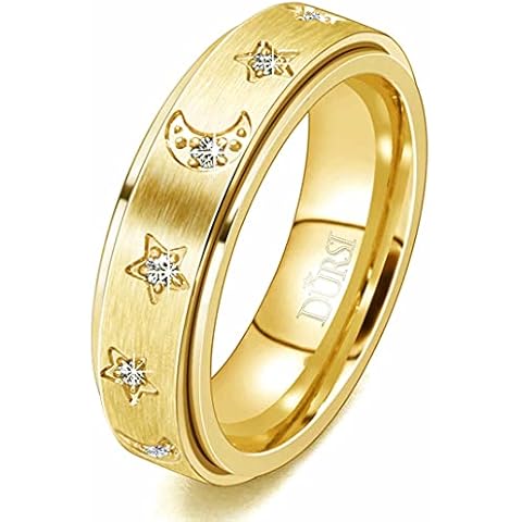 DURSI Moon Star Spinner Ring Fidget Anxiety Worry Rings for Women Girls Stainless Steel Engagement Wedding Promise Band with CZ Diamends 6mm (18K Gold, 4) Cover