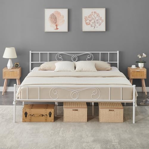 GarveeHome King Size Bed Frames with Headboard and Footboard, King Metal Bed Frame with 12.2 in Under Bed Storage, Steel Slats Support, No Box Spring Needed, White White King