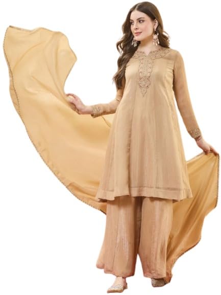 Women's 3-Piece Heavy Zari Embroidered Flared A-Line Tunic Ethnic Co-Ord Suit Set with Shimmery Texture for (Teal Blue, Khaki Bronze, Wine Red, Olive Green)-image-1