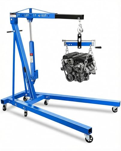 2 Ton Hydraulic Engine Hoist Crane with Lever, Folding Heavy-Duty Cherry Picker with 6 Locking Wheels & 4 Boom Positions, for Truck/SUV Engines, Garage Workshop, Industrial Lifting (Net Wt. 168 lbs)