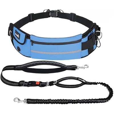 Pecute Dog Leash Hands Free With Pouch, Waist Belt Fanny Pack With Soft Pads, Dual Handles And Durable Bungee For Walking, Dog Seat Belt, Hiking, Running, Training,Blue(Up To 180lbs)