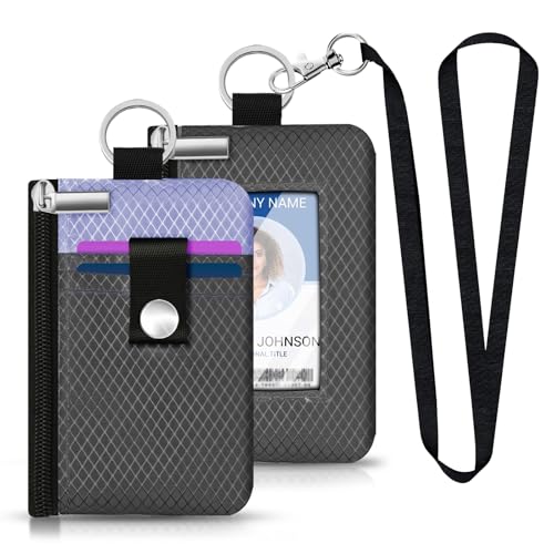 Image of Minimalist RFID Blocking Small Wallet with ID Window,WaterResistant Zip Id Case Wallet with Lanyard Keychain for Cards,Cash,Travel,Women,Men (DarkGrey /Lavender Purple)