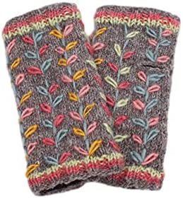 Women Wool Hand Warmers Fleece Lined Handknitted Flower Embroidered Grey One-Size Handmade Extra Warm Pachamama Fair Trade