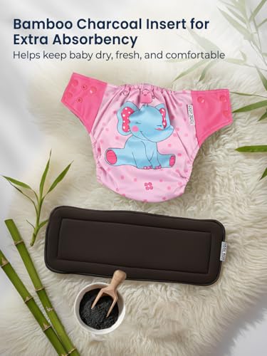 Image of POLKA TOTS Reusable Cloth Diapers for Babies | Adjustable Leak-Proof Cotton Nappies | High Absorbent & Washable Diaper with Leak-Proof Cover & 5-Layer Bamboo Charcoal Insert for Newborns (0-24 Months)