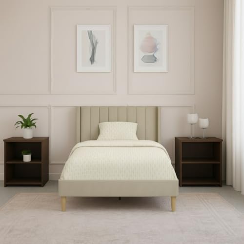 Image of Metal Upholstered Bed Queen Size Without Storage | Wooden Queen Size Cot with Headboard | Double Size Bed for Bedroom | Palang Furniture for Guest Room & Hotels, Beige, (Beige)