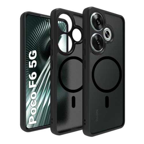Image of RIGGEAR Shockproof Sleek Hybrid Armor Magnetic Back Cover Case Compatible with MagSafe Accessories for Poco F6 5G (Smoke Black Matte PC + Black TPU Bumper)
