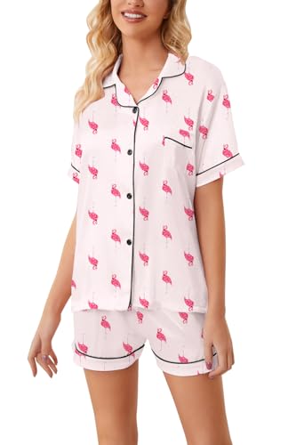 Image of Schbbbta Girls Womens Pajamas, Satin Silky Pjs Set Kids 2Pcs Button-Down Nightwear Sleepwear Gift for Mommy and me