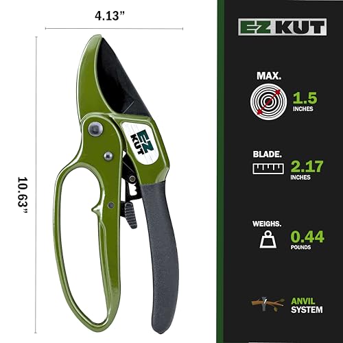 EZ Kut Heavy Duty Pruning Shears Green - with Ratcheting Action Great Garden Hand Tool Clippers Gardening pruners arthritis tools Ratcheting Anvil Hand Pruner Pruning Shears Heavy Duty Since 1988